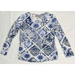 Chico's Victorian Annabel Tiles Top Size 0 - XS Blue & White Stretch